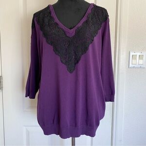 Lane Bryant Purple V-Neck Sweater with Black Lace SZ 18/20